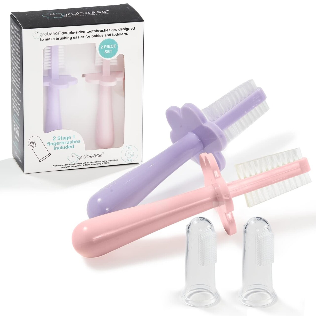 grabease Double-Sided Baby Toothbrush - Gentle Silicone Finger Brush - Dual-Sided Toddler Toothbrush for Ages 1-2 - Safety Barrier & Travel-Ready Brush for Kids - Pack of 2 - Lavender/Blush